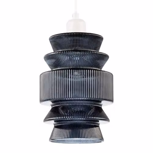 Happy Homewares Modern Smoked Grey Ribbed Glass Pendant Lamp Shade, W: 23 cm, D: 17 cm
