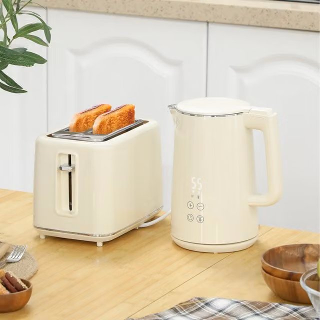 HOMCOM Fast Boil Kettle 1.5L and 2 Slice Toaster Set, Beige
