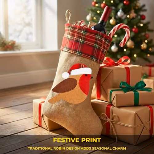 Shatchi Large Brown Robin Christmas Stocking with Classic Printed Design, 45 cm Hanging Burlap Linen Sack – 5