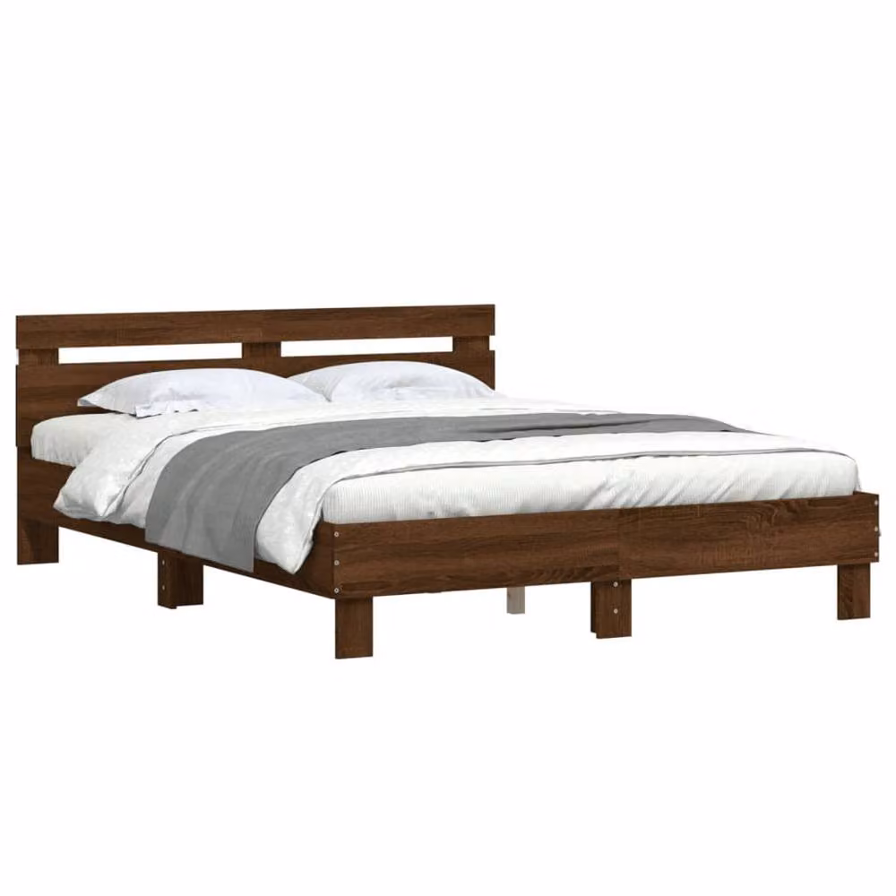 Berkfield Home Modern Bed Frame with LED Under-Bed Lighting and USB Charging Port in Brown Oak, W/D/H: 140 x 190 cm – 3