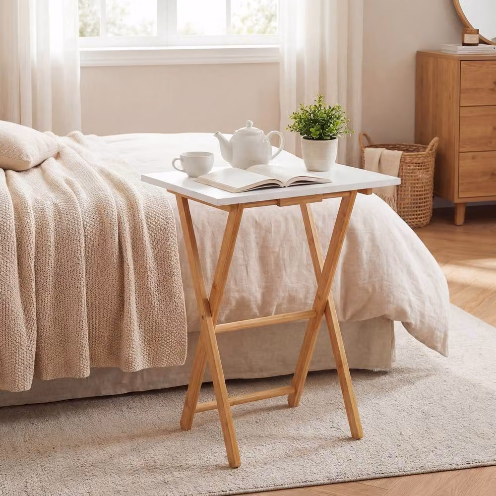 Costway Set of 2 White Lacquered Bamboo Folding Tray Tables with Square Wood Tops – 2