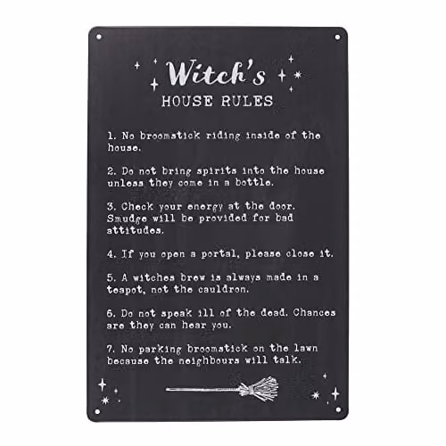 Something Different Witch's House Rules Metal Wall Sign, Black and White, W/H: 30.0 x 20.0 cm