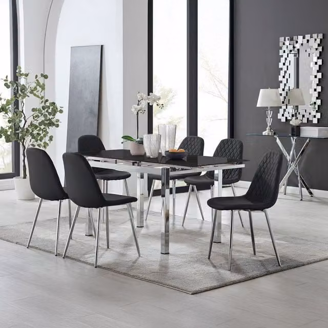 FurnitureboxUK Enna Black Glass Extending Dining Table and 6 Corona Silver Leg Chairs