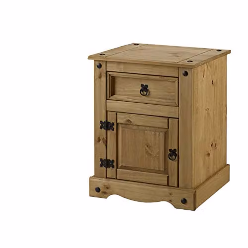 Mercers Furniture Corona Large 1 Door 1 Drawer Bedside Cabinet in Brown Solid Wood Pine, H 67 cm x W 53 cm x D 39 cm