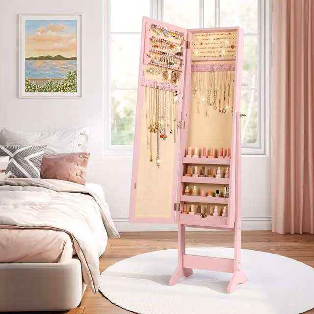 Costway Pink Glossy Mirrored Jewelry Armoire with Hinged Doors and Internal Shelves – 1