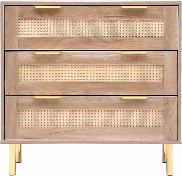 MMT Modern Geometric Freestanding Rattan, Wood and Metal Unit in White, Brown and Gold
