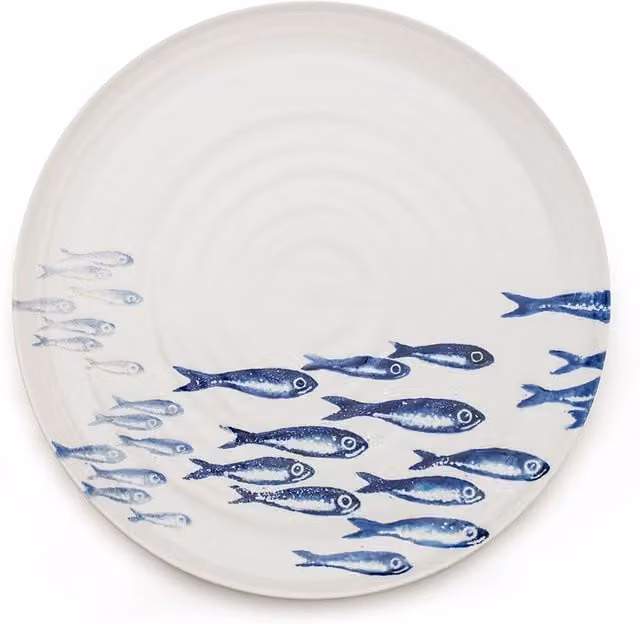 BlissHome Creatures Ceramic Round Serving Platter with Sardines Design, White, Diameter: 36 cm