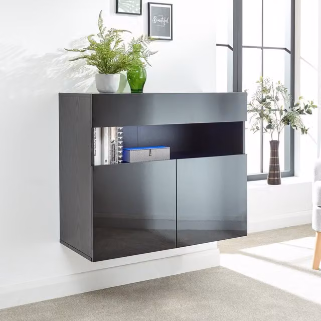 GFW Galicia Wall Mounted Modern Glossy Sideboard with Integrated LED Lighting in Black