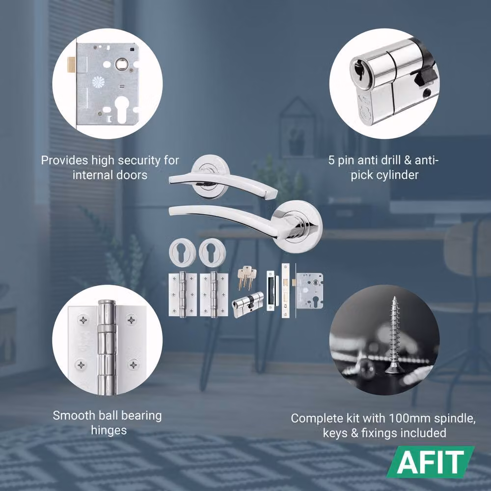 AFIT Silver Chrome Door Handle, Euro Lock Cylinder, Hinges and Lock Set – 2