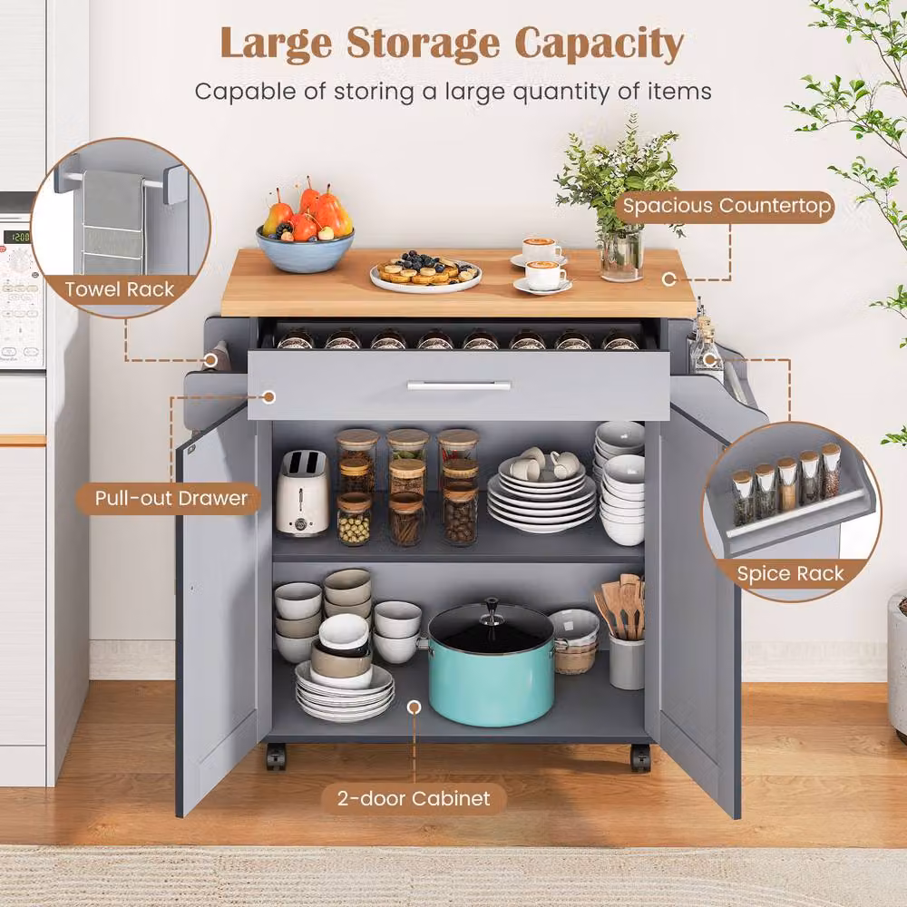 Gymax Kitchen Island Trolley Cart with Spice Rack and Towel Holder in Grey – 2