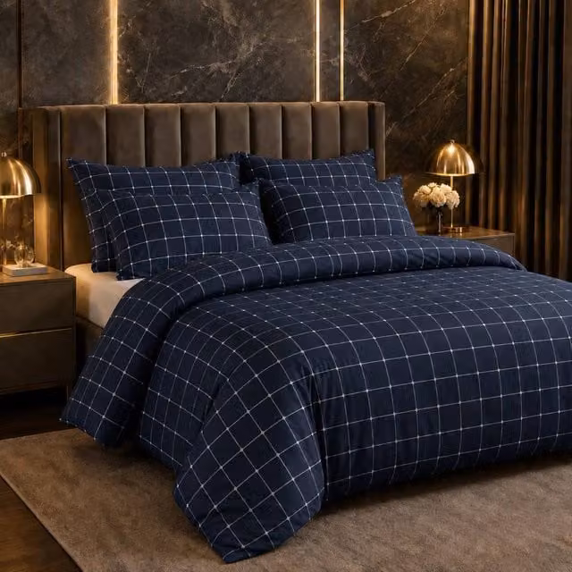 Grace Navy Blue Checkered Microfibre Duvet Cover and Pillowcase Set, Super King, 200 x 200 cm – 1