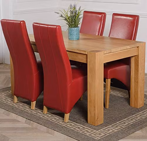 Thats Furniture Kuba Oak Dining Table and 4 Lola Burgundy Leather Chairs Set, W: 150 cm, D: 85 cm, H: 78 cm