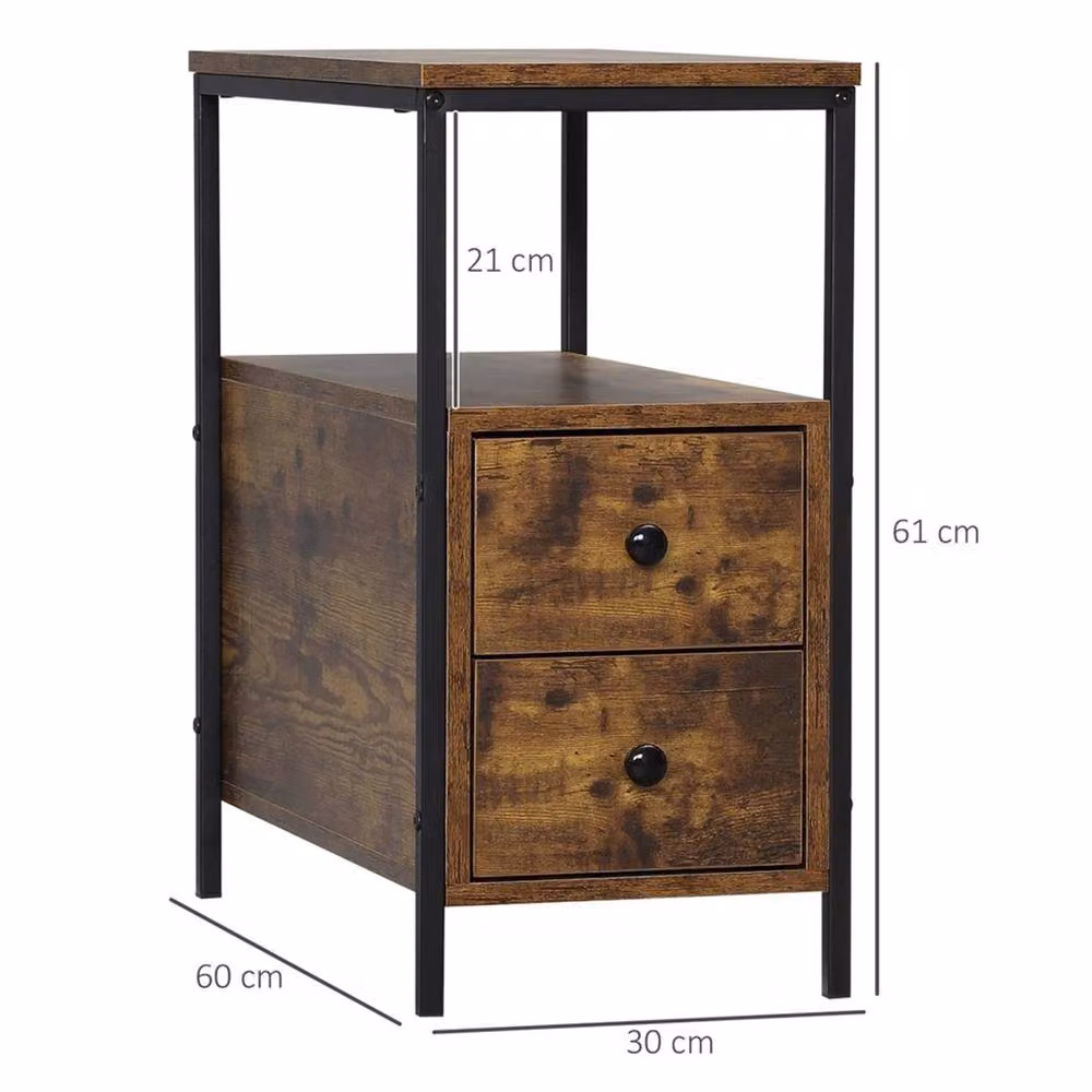 Nordara Industrial Narrow End Table with 2 Drawers and Storage Shelf, Brown and Black, W/D/H: 30 x 60 x 61 cm – 2