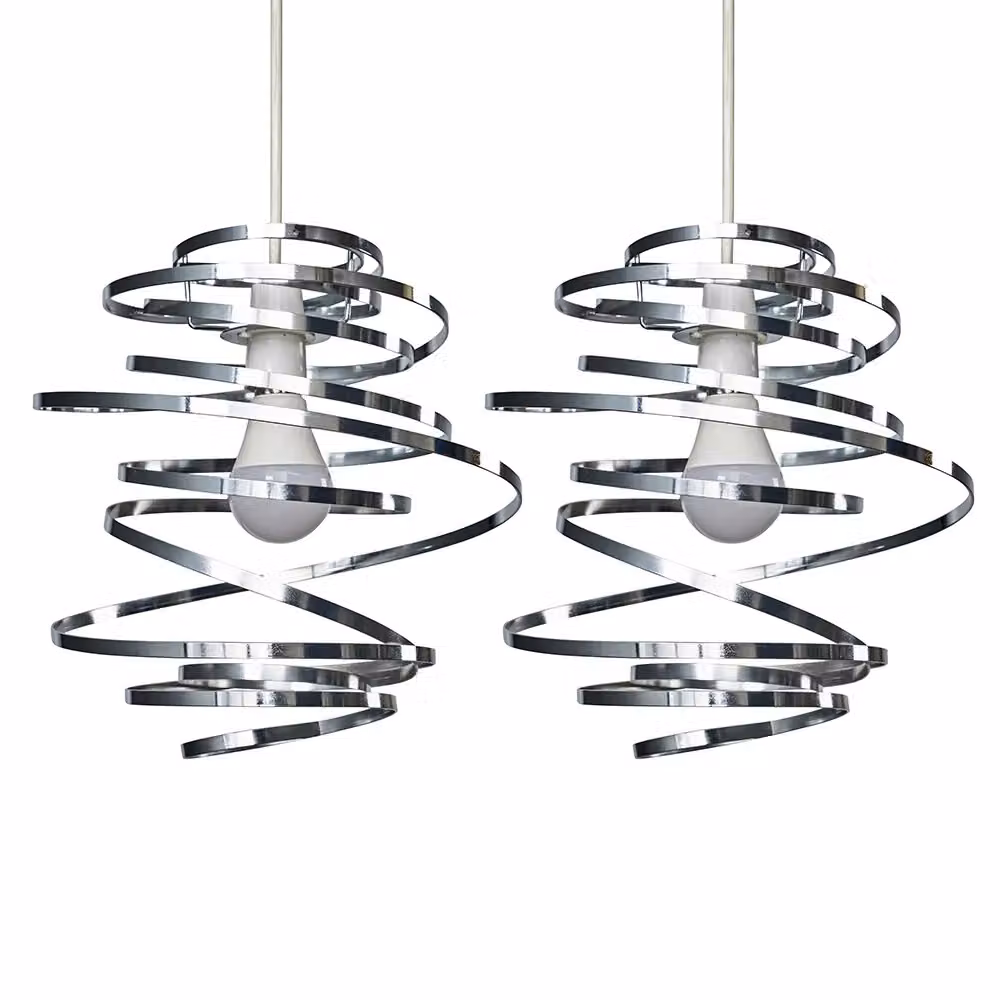 MiniSun Set of 2 Contemporary Silver Chrome Metal Double Ribbon Spiral Swirl Ceiling Pendant Light Shades, Width: 30 cm – 2
