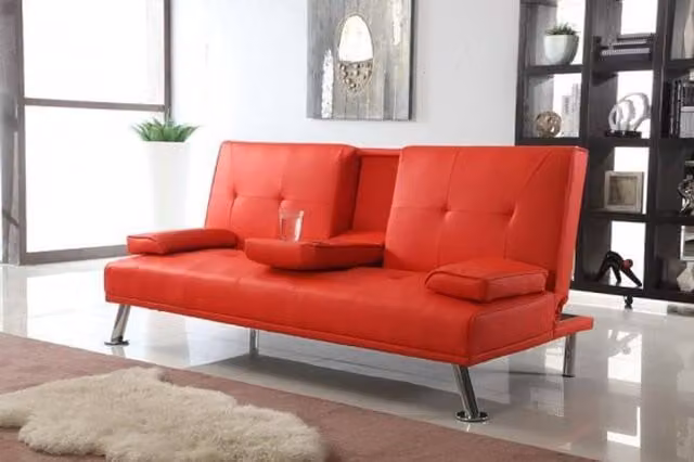 Comfy Living Ltd Red Faux Leather Italian Style Luxury Sofa Bed with Cup Holder