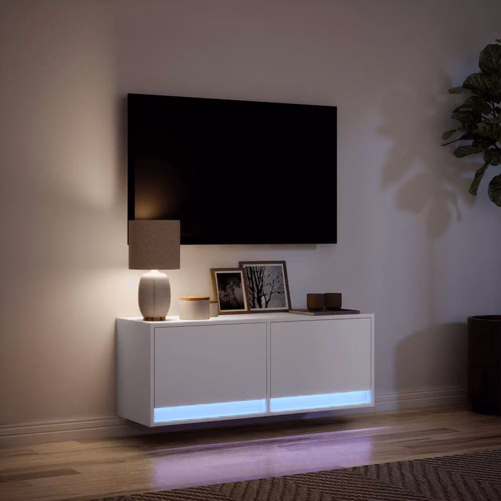 Berkfield Home Modern Glossy White TV Wall Cabinet with LED Lights, W/D/H: 100 x 31 x 35 cm – 3