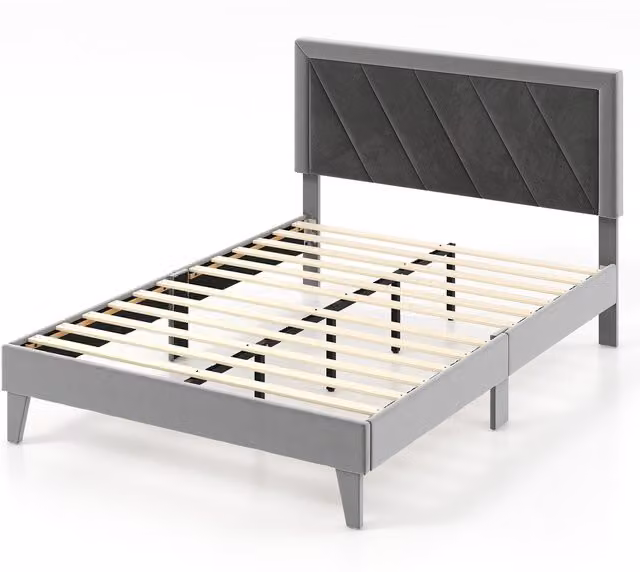 Costway Modern Double Platform Bed in Grey Velvet Fabric, W/D/H: 140 x 200 cm