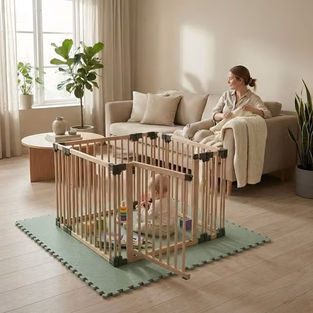 Safetots Hexagonal Wooden Play Den with Soft Foam Play Mat, Dusty Blue and Natural, W/D/H: 180 x 150 x 80 cm
