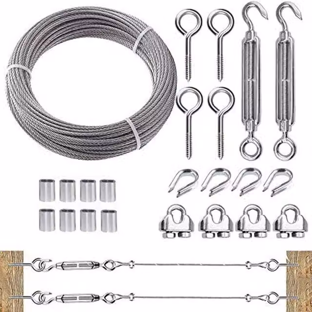 VOGREX 3mm Stainless Steel Wire Rope Kit in Silver for Garden, Tent, or Clothesline