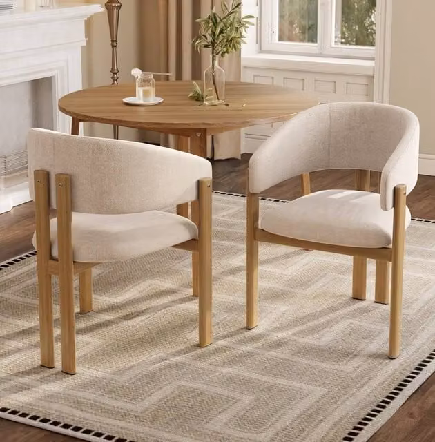 BTM Set of 2 Modern Dining Chairs with Metal and Wood Frames in Beige and Brown Fabric
