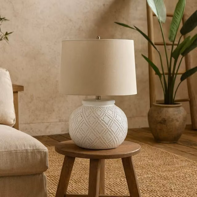 Wyld Haus Lautrec White Ceramic Table Lamp with Beige Fabric Shade, H 56 cm x W 38 cm x D 38 cm