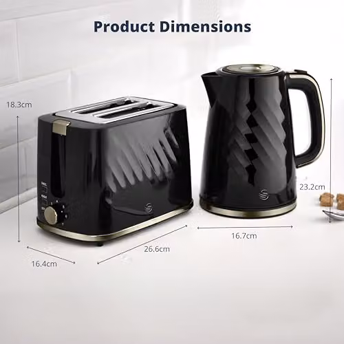 Swan Windsor Breakfast Essentials Bundle with 1.7L Rapid Boil Kettle and 2 Slice Toaster, Black and Gun Metal Brass, EEJB432 – 4