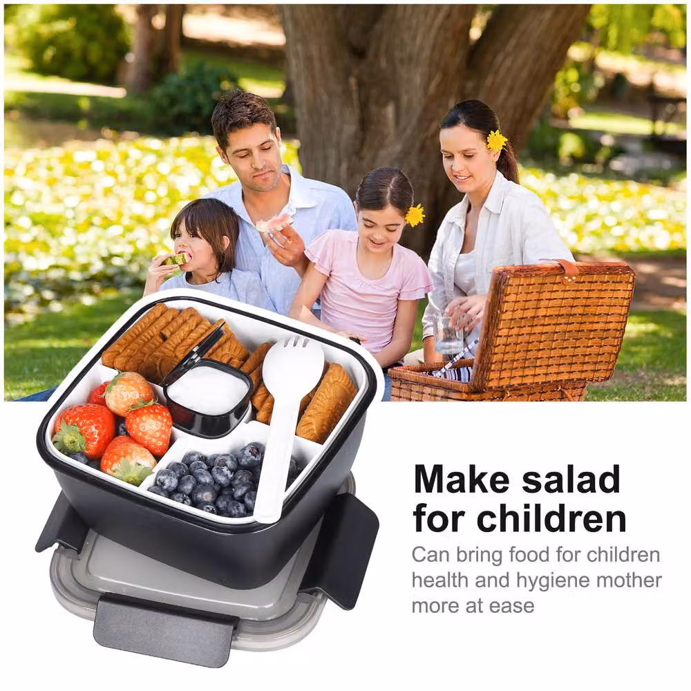 Greentainer Salad Container and Lunch Box with 3 Compartments and Spoon, Black, 52 oz – 5