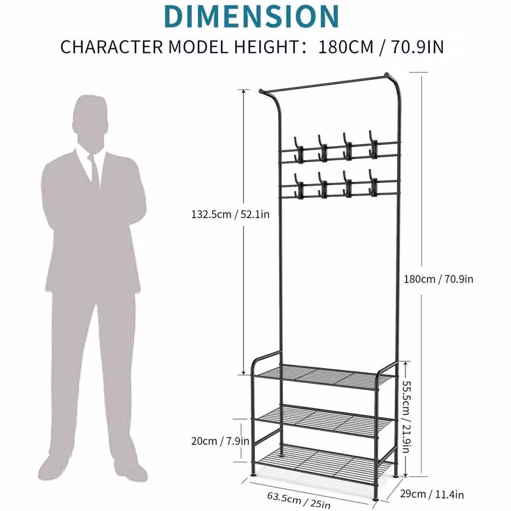 Nordara Black Metal Post Tree Coat and Hat Stand with 8 Hooks and 3-Tier Shoe Rack – 2