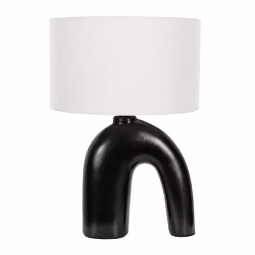 ValueLights Lia Ceramic Table Lamp with White Fabric Drum Shade and LED Bulb, Black Arch Abstract Design