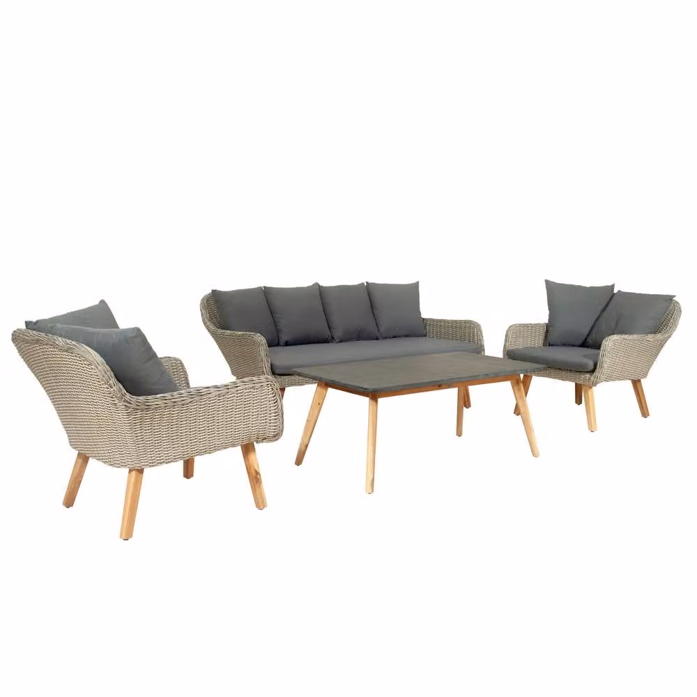 Dibor 4-Piece Woven Rattan Style Garden Sofa Set with Coffee Table and Grey Cushions – 2