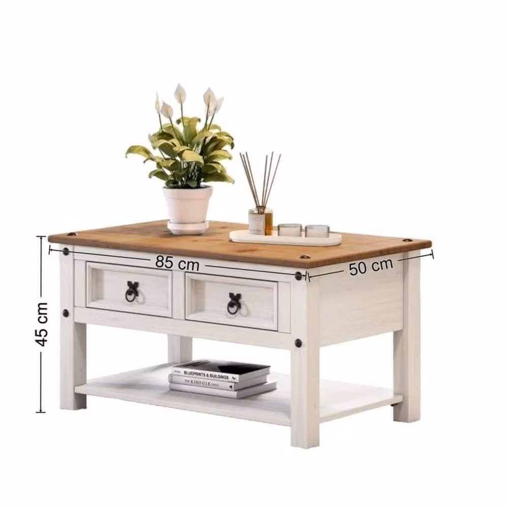 FORGEVIO White Rectangular Solid Wood Coffee Table with 2 Drawers – 2