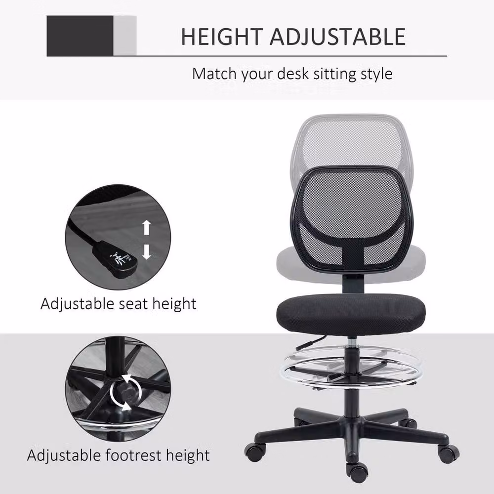 FORGEVIO Black Fabric Draughtsman Swivel Office Chair with Foot Ring and Castors – 4