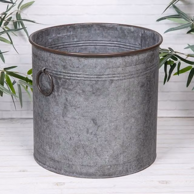 Annibells Grey Metal Zinc Round Vintage Flower Pot Planter with Handles, Diameter: 33 cm