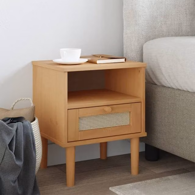 Berkfield Home SENJA Bedside Cabinet in Brown Rattan Look Solid Pine Wood, W: 40 cm, D: 35 cm, H: 48 cm