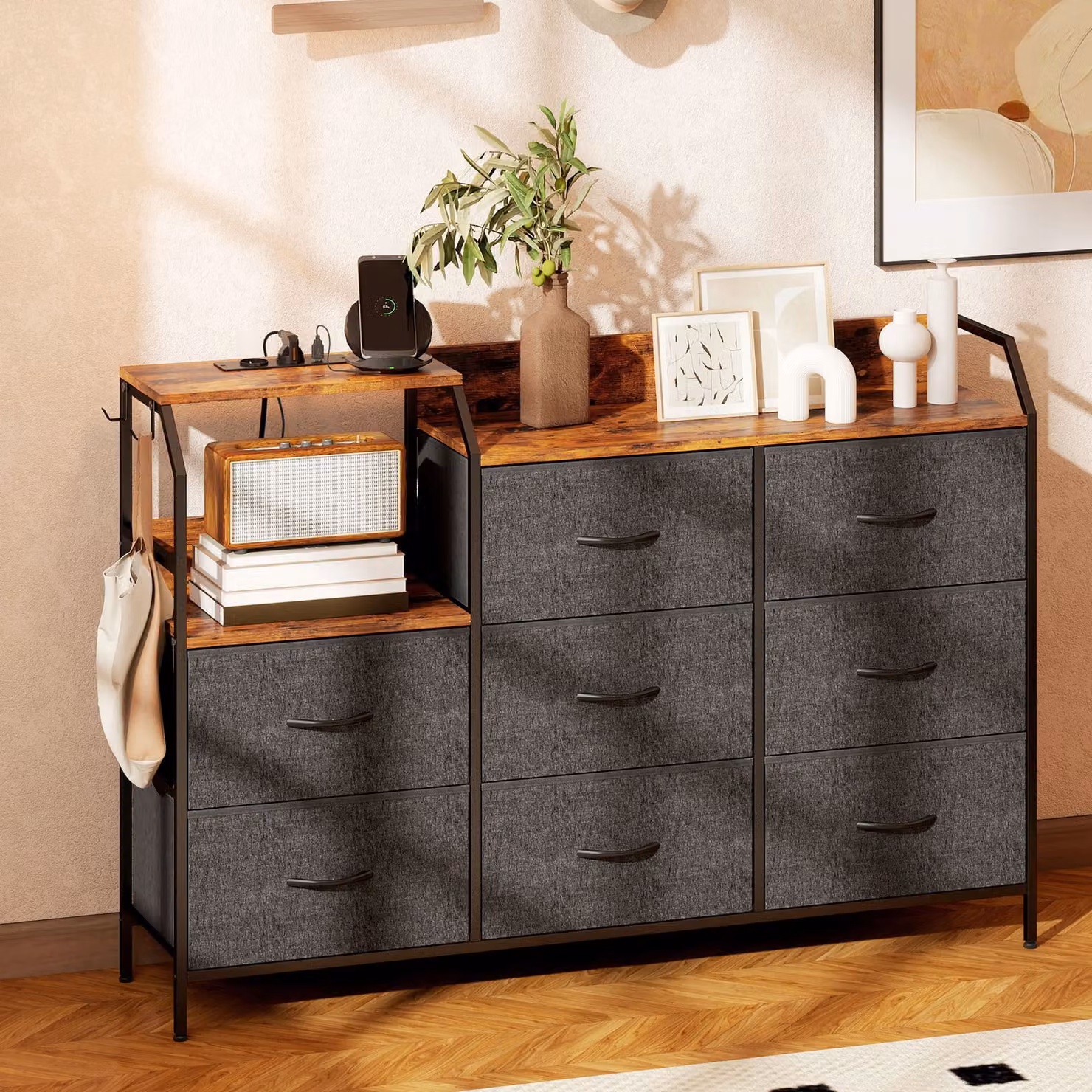 HOMCOM Industrial Eight Drawer Chest with Charging Station in Brown and Black – 2
