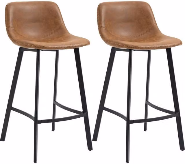VOGREX Set of 2 Brown Synthetic Leather Bar Stools with Backrest and Metal Legs