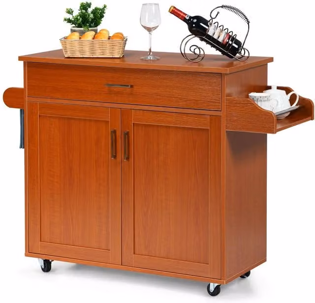 Costway Kitchen Island Storage Trolley with Shelves, Cupboard and Drawer in Brown – 1