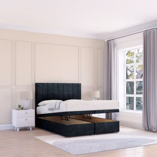 Sloomy Kansas Naples Black Fabric Ottoman Bed with Sprung Memory Mattress and 26 Inch Strut Headboard, Single, W/D/H: 90 x 200 cm