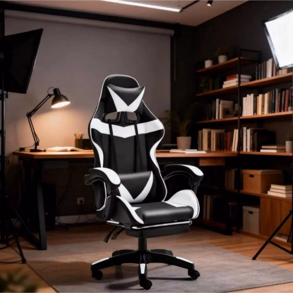 FORGEVIO Gaming Massage Chair in White and Black with Footrest and Headrest – 2