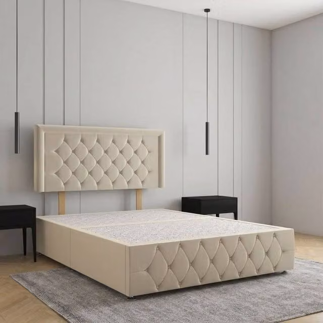 Regional Furnishings King Size Divan Bed with 24 inch Plush Velvet Headboard and Footboard in Beige, W/D/H: 180 x 200 cm