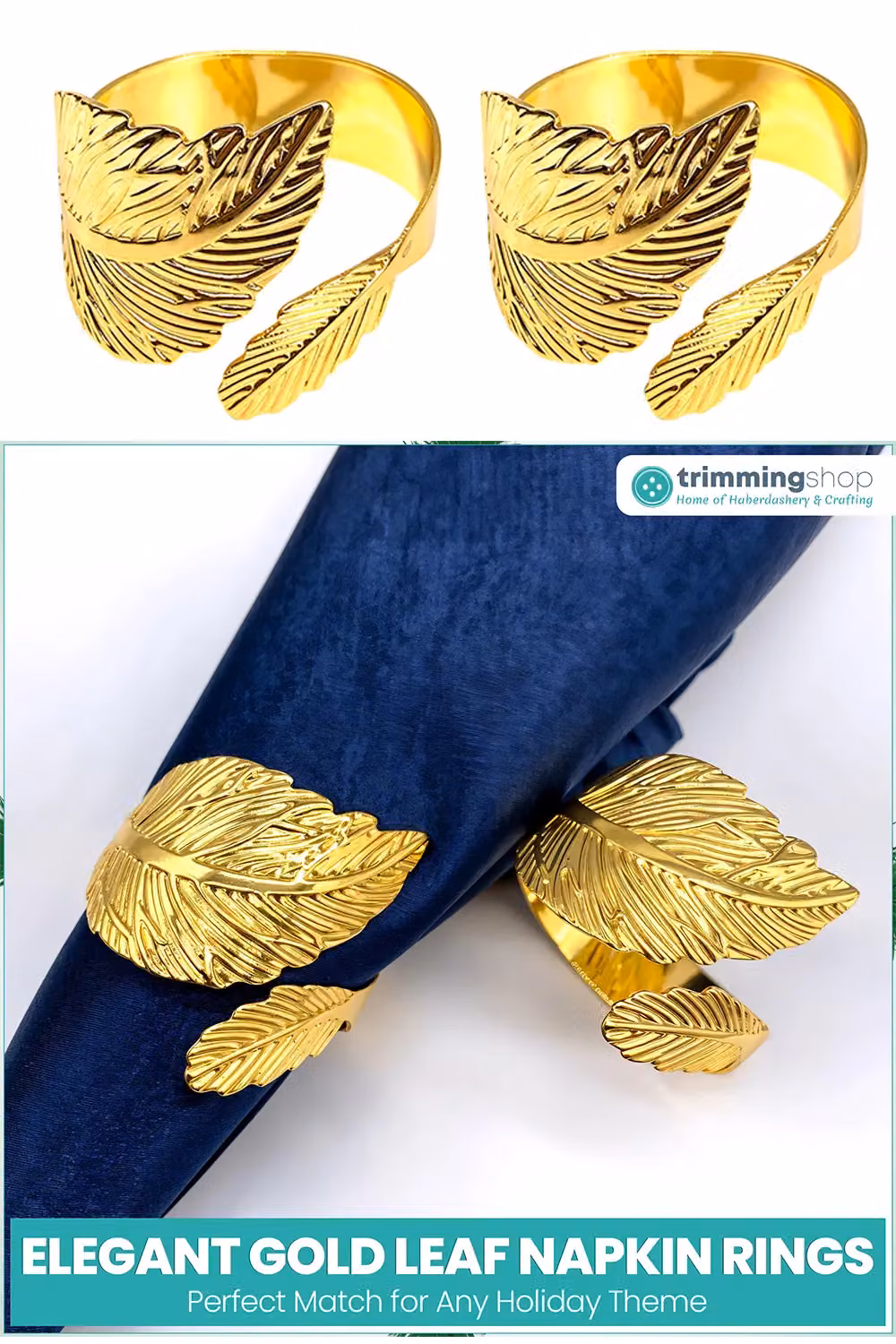 Neel Blue Gold Leaf Napkin Ring Set of 4 Metal Serviette Buckles in Blue and Gold – 4