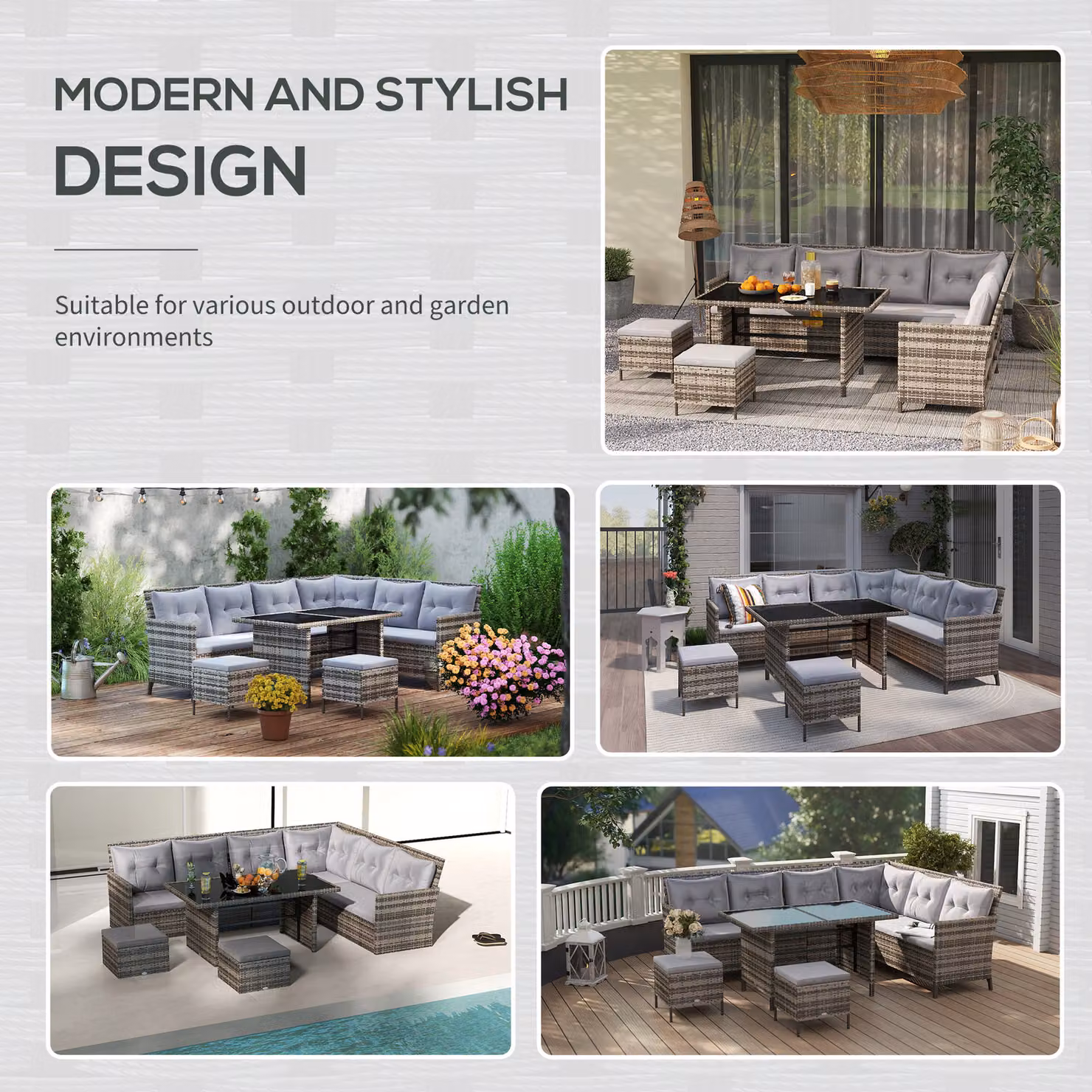 Outsunny 8 Seater Grey Rattan Garden Furniture Set with Upholstered Cushions, Tempered Glass Coffee Table and 2 Ottomans – 5