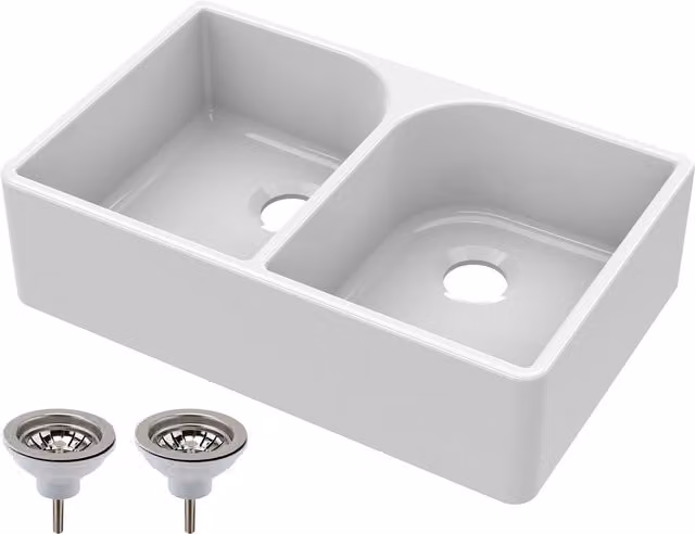 Balterley 2 Bowl Fireclay Butler Sink with Full Weir Wastes, White, W: 79.5 cm, D: 50 cm, H: 22 cm – 1
