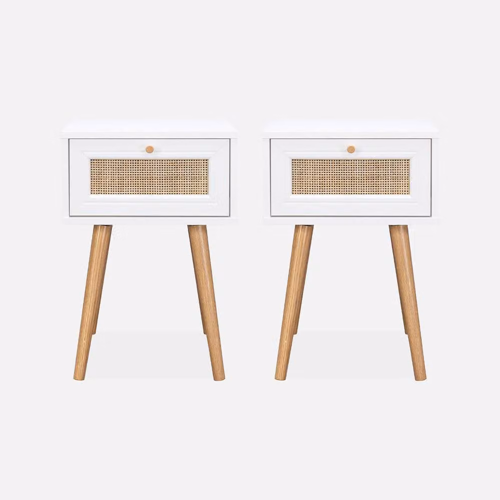 sweeek Pair of White Woven Rattan Bedside Tables with Drawer – 2