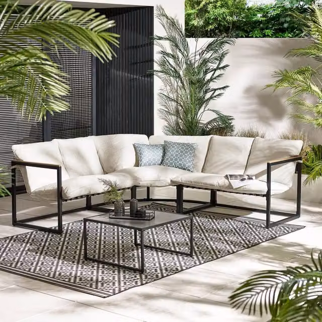 FurnitureboxUK Hydra 5 Seat L-Shape Outdoor Garden Sofa Set with Coffee Table in Cream – 1
