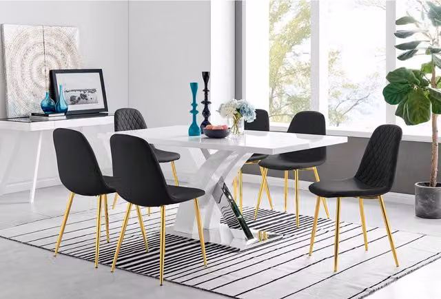 FurnitureboxUK Atlanta Modern High Gloss White Rectangular Dining Table and 6 Corona Gold Chairs Set in Black