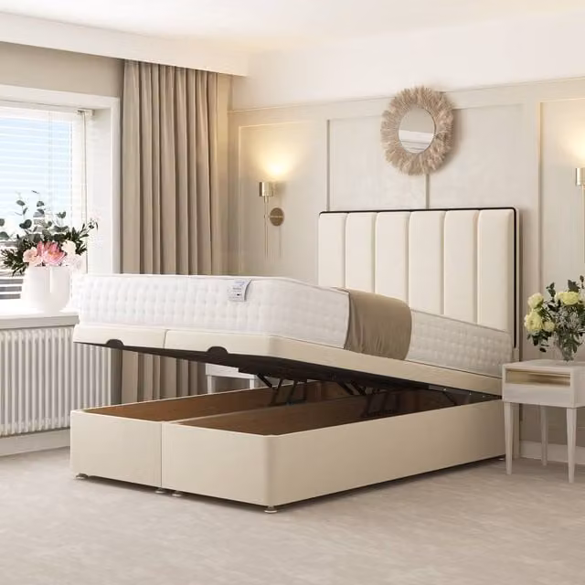 Bed Choices Herringbone Ottoman Upholstered Divan Bed with 54 inch Headboard in Beige, Size: Small Double, W/D/H: 120 x 200 cm