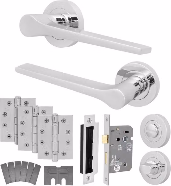 AFIT Chrome Fire Door Handle Bathroom Set in Silver with Lock and Hinges – 1