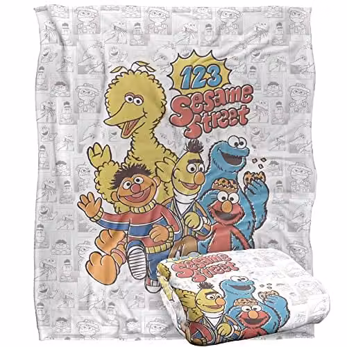 Sesame Street Silky Touch Super Soft Fleece Throw Blanket, White and Multicolour, W/D/H: 152 x 127 cm