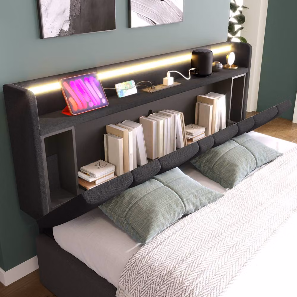 Merax Grey Upholstered Hydraulic Storage Bed with USB Charging Port and Bedside Shelf, W/D/H: 150 x 200 cm – 9